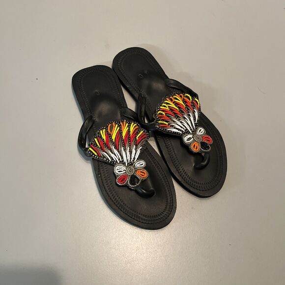 Beaded Handmade Leather Sandals Flip Flops Flats~Euro 40 US 9 - Picture 1 of 5